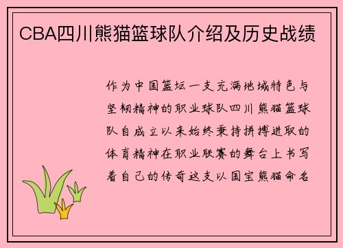 CBA四川熊猫篮球队介绍及历史战绩