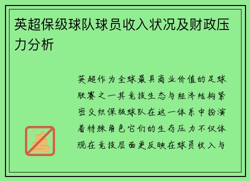 英超保级球队球员收入状况及财政压力分析