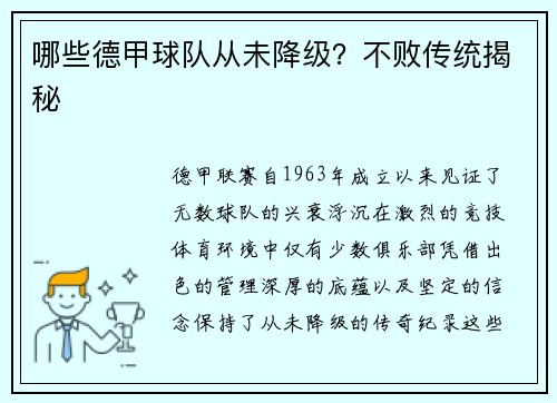 哪些德甲球队从未降级？不败传统揭秘
