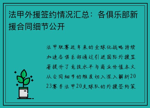 法甲外援签约情况汇总:各俱乐部新援合同细节公开